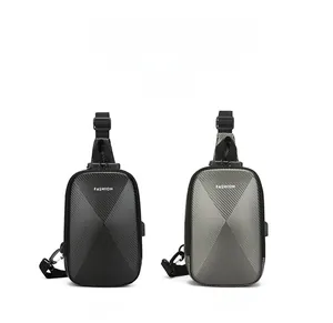 Detail view of anti-theft hard shell chest bag with TSA lock and geometric carbon fiber texture