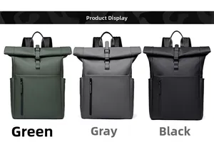 Three waterproof roll-top backpacks in green, grey, and black colors for daily commute