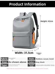 Detailed dimension guide for large grey travel backpack with USB port and orange strap