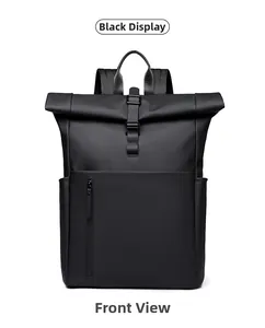 Front view of black roll-top backpack with buckle closure and matte waterproof fabric
