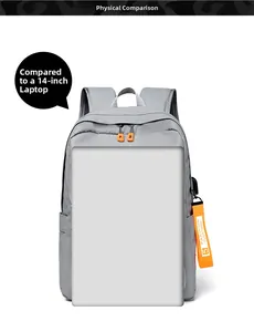 Interior view comparing a 14-inch laptop with the spacious gray backpack compartment