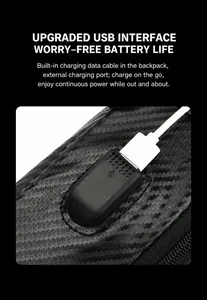 Detail of waterproof chest bag featuring carbon fiber texture and built-in USB charging port