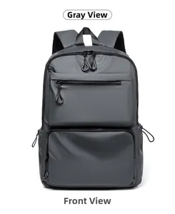Front view of grey water-resistant travel backpack showing double zipper pocket detail