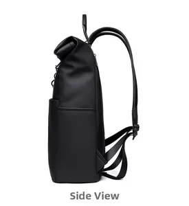 Side view of minimalist black roll-top waterproof laptop backpack with matte finish