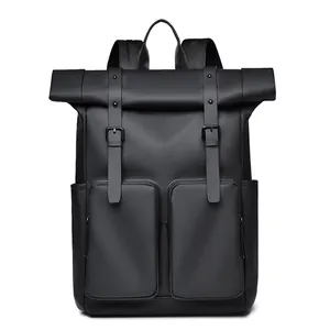 Minimalist black roll-top backpack with dual front pockets and matte waterproof coating