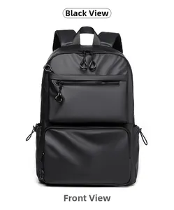 Front view of black waterproof backpack showing smooth texture and dual zipper compartments
