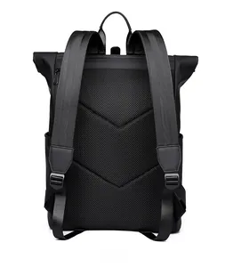 Ergonomic breathable mesh back and padded S-shape straps of a waterproof black backpack