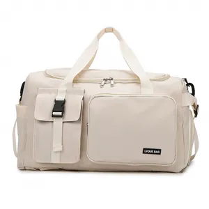 Bolsa de viaje beige de gran capacidad con múltiples bolsillos y nailon para deporte