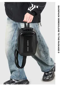 Detail of black hard shell chest bag with carbon fiber texture and anti-theft lock