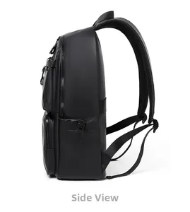 Side view of black waterproof travel backpack with multi-layer zippers and padded straps