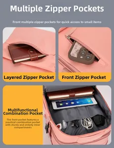Detailed view of pink travel backpack with multiple zippered storage compartments