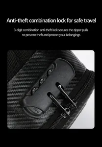 Detail of cross-body bag featuring an anti-theft 3-digit combination lock and USB port