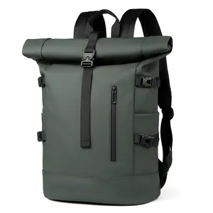 Sac à dos d'affaires imperméable à dessus roulé en vert foncé mat pour voyage