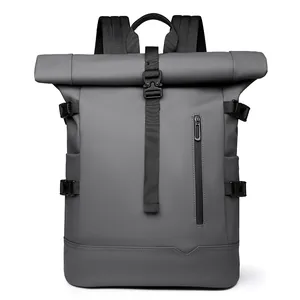 Sac à dos de voyage gris imperméable à fermeture roll-top avec boucles multifonctionnelles