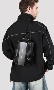 Detail of waterproof chest bag featuring anti-theft lock and carbon fiber texture