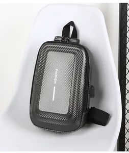 Detail of hardshell sling bag featuring carbon fiber texture and secure TSA code lock