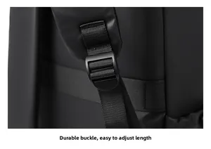 Detailed macro shot of durable plastic buckle and nylon strap for shoulder length adjustment