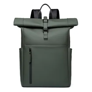 Waterproof roll-top backpack in olive green with matte finish and adjustable black buckles