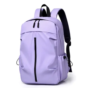 Mochila moderna de nailon morado con bolsillo vertical de cremallera y bolsillos laterales