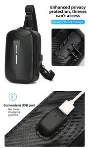 Dettaglio borsa a tracolla con lucchetto a combinazione antifurto e porta USB esterna