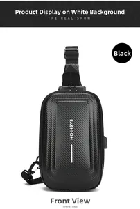 Detail of black hard shell chest bag with carbon fiber texture and USB charging port
