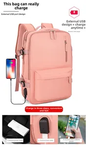 Detail of travel backpack with external USB charging port and easy connection steps