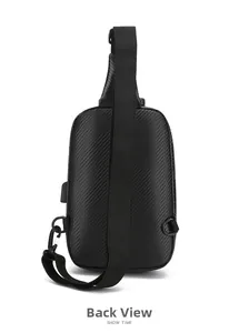 Back view of black waterproof chest bag featuring carbon fiber texture and USB port