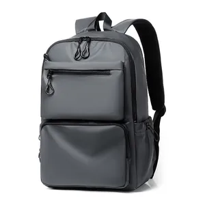 Water-resistant dark grey men's multi-functional backpack with multiple zipper pockets