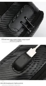 Detail of chest bag with carbon fiber texture, security lock, and USB charging port