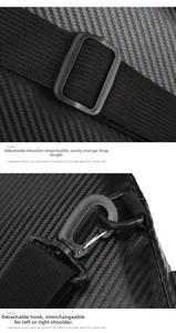 Detail of adjustable strap buckle and detachable hook on carbon fiber texture chest bag