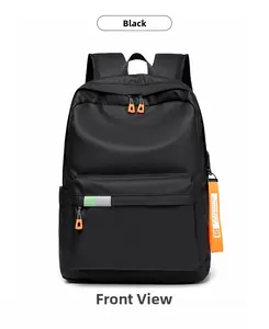 Front view of black nylon backpack with multi-layer zippers and orange fashion tags