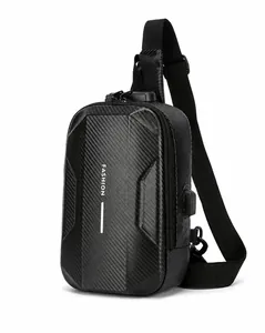Detail view of carbon fiber texture chest bag with TSA lock and USB charging port