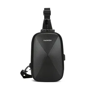 Men's Anti-theft Chest Bag With Combination Lock USB Charging Port Carbon Fiber Texture Waterproof Crossbody Sling Bag