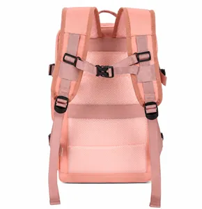 Pink travel backpack featuring breathable mesh padding and adjustable chest straps