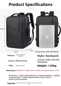Détail du sac à dos de voyage extensible montrant les dimensions et l'ordinateur