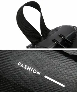 Detail of waterproof chest bag featuring carbon fiber texture and durable webbing handle