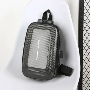 Men's Hard Shell Chest Bag Carbon Fiber Texture USB Charging Port Anti-theft Lock Waterproof Sling Crossbody Travel Bag