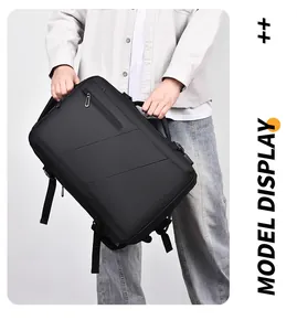 Model wearing a black expandable travel backpack made of waterproof oxford fabric