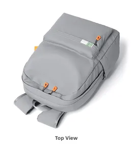 Top view of large gray waterproof backpack with orange zipper pulls and top handle