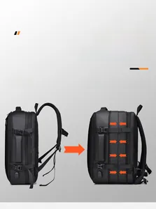 Detail showing the expandable zipper system of this black travel backpack from side view
