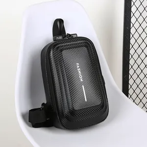 Black hard shell sling bag with carbon fiber texture and anti-theft combination lock