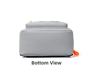 Flat view of light grey backpack bottom showing durable fabric and orange ribbon accents