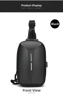 Dettaglio borsa a tracolla rigida nera con lucchetto a combinazione e porta USB