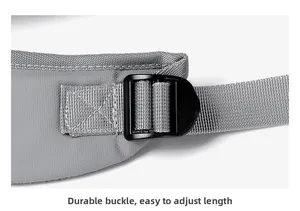 Close-up of durable gray strap and thick adjustable plastic buckle with reinforced stitching