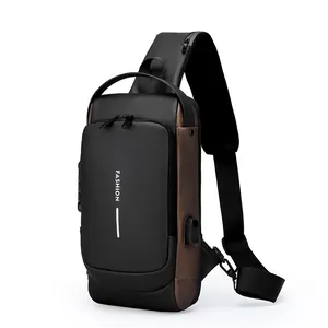 Men Waterproof PU Chest Bag With USB Charging Port Anti-Theft Password Lock Casual Sling Shoulder Bag For Travel Commute