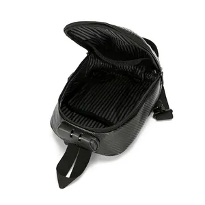 Carbon fiber textured black crossbody chest bag with anti-theft lock and inner lining