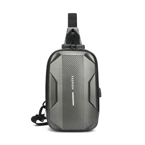 Men Hard Shell Anti-Theft Chest Bag Carbon Fiber Texture Waterproof Sling Bag With USB Charging Port Combination Lock