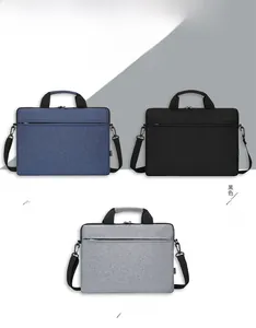 Slim laptop messenger bag showing front zip pocket and detachable strap in three colors