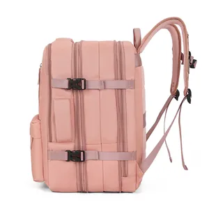 Pink large capacity travel backpack with side compression straps and thick straps