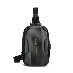 Black anti-theft hardshell chest bag with carbon fiber texture and USB port